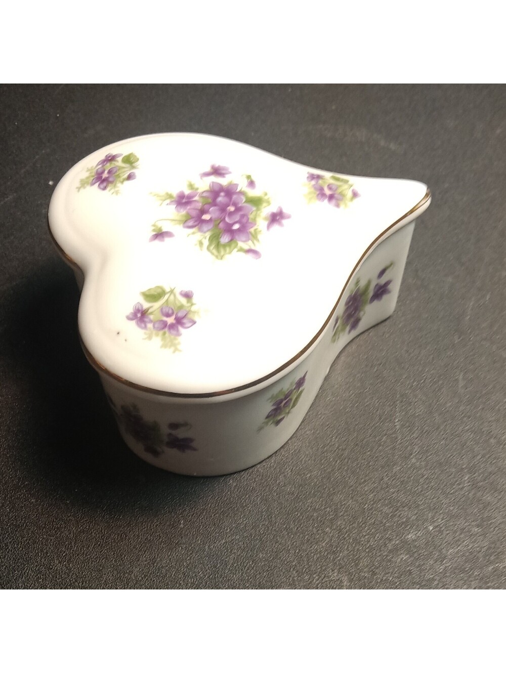 Vintage Lefton China Purple Violets Heart Trinket Box 1946 Mint Foil Label Japan